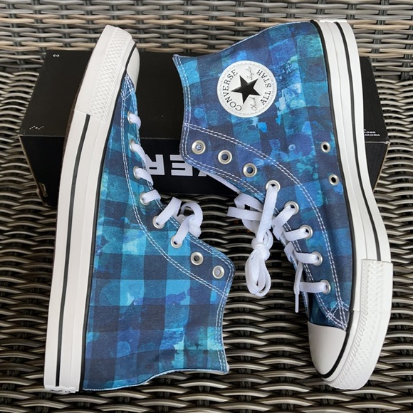 Converse Chuck Taylor All Star Hi Blue Plaid/White/Black MEN`S - Picture 12 of 16